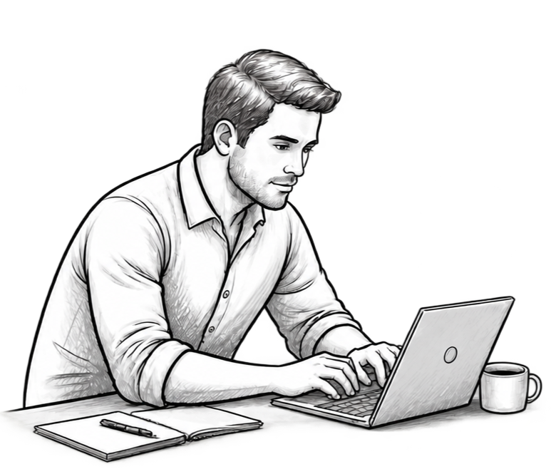 Illustration of a creator typing on a laptop at a desk with a notebook and coffee